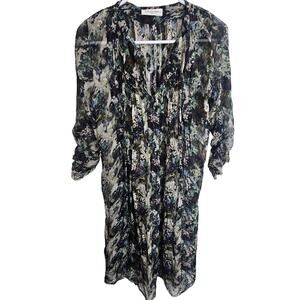 Megan Park Silk Dress Women 0 Watercolor Sheer Overlay Ruched Sleeve Pintuck